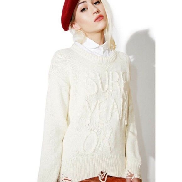 NWT WILDFOX Sz M SURE YEAH OK DISTRESSED PULLOVER SWEATER IN LATTE CREAM IVORY - Picture 4 of 12